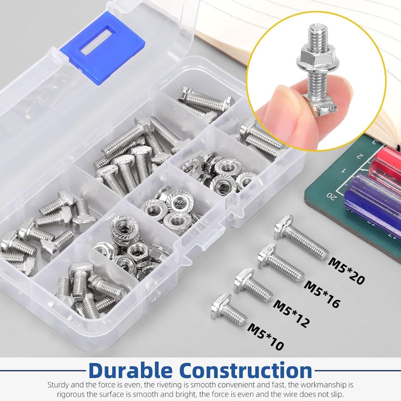 Glarks 80pcs M5 T Slot Drop-in Bolt with Hexagon Flange Nut Set, 10/12/16/20MM Hammer Head T-Bolt, T Shape Stud Sliding Screw, T Screw Stud for European Standard 20 Series Aluminum Profile - Image 5